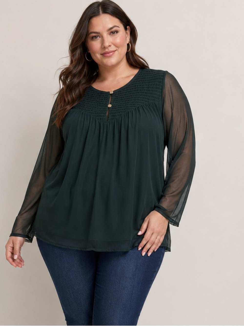 Penningtons Womens Size 2X Green Mesh Long Sleeve Shirt Smocked Boho Tunic Top